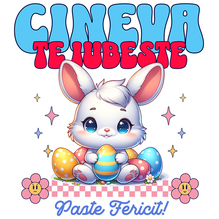 Sticker Adeziv Autocolant Personalizat "Iepure Alb cu Ochii Albastri și Oua Colorate – Paște Fericit și Dragoste în Sărbători" [1]