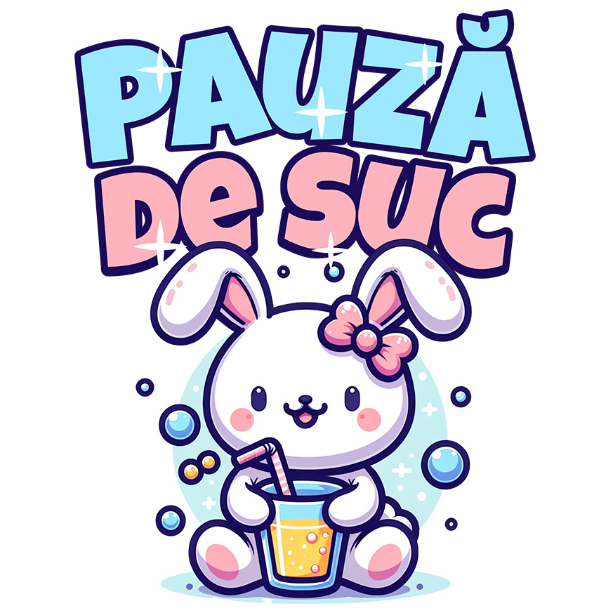Sticker Adeziv Autocolant Personalizat „Iepure Roz cu Pahar de Suc – Pauză de Suc Copii Bule, Cadou Personalizat pentru Micuți” [1]