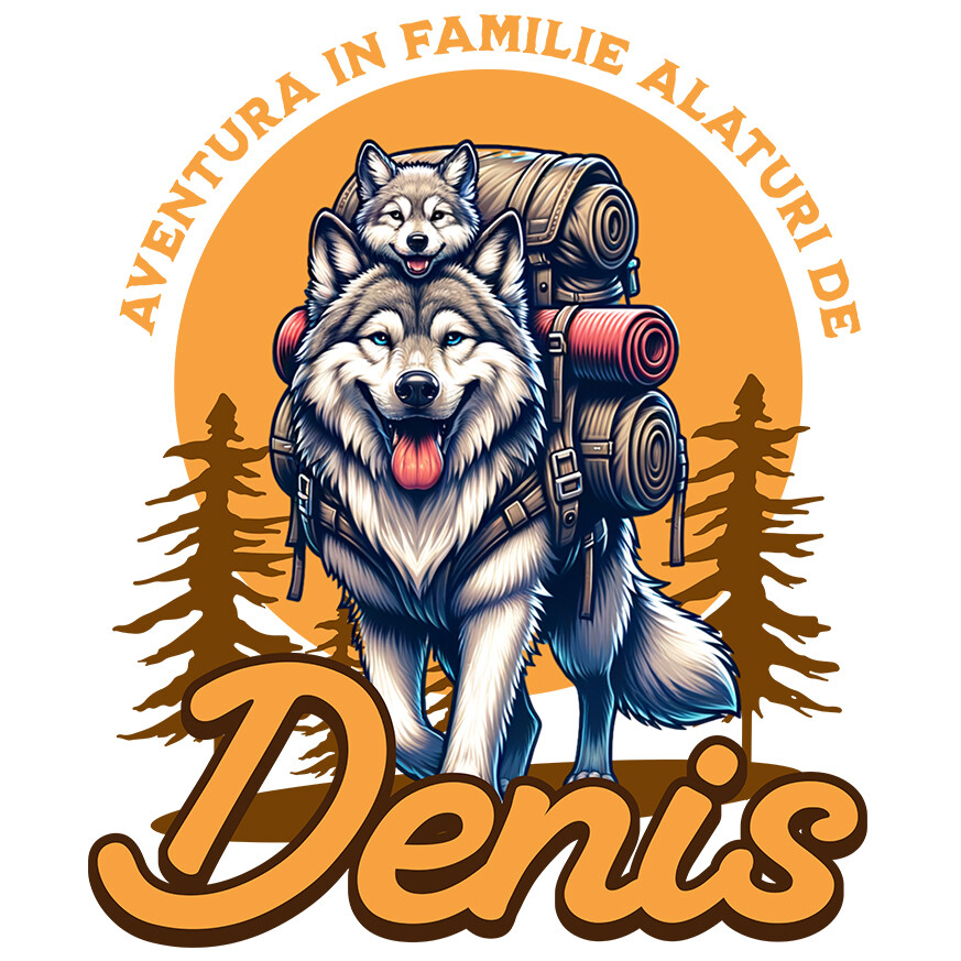 Sticker Adeziv Autocolant Personalizat „Lup Sălbatic și Pui Cu Rucsac de Aventură – Cadou Personalizat pentru Familii și Călătorii în Natură” [1]