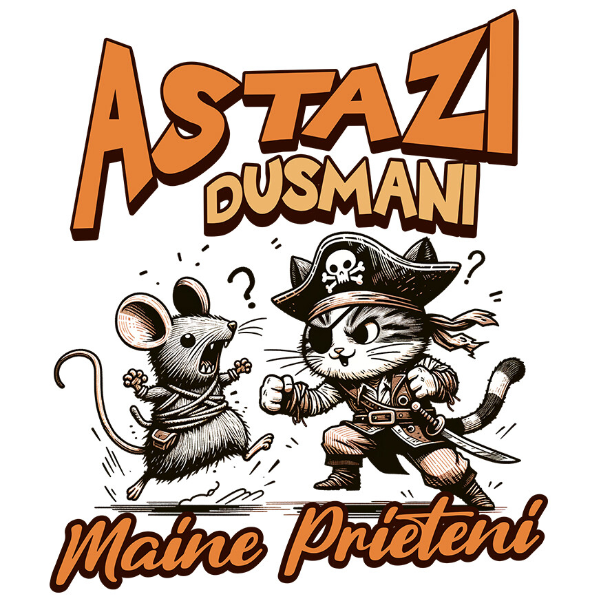 Sticker Adeziv Autocolant Personalizat "Lupta Soarece și Motan Pirat - Astăzi Dușmani, Mâine Prieteni" [1]