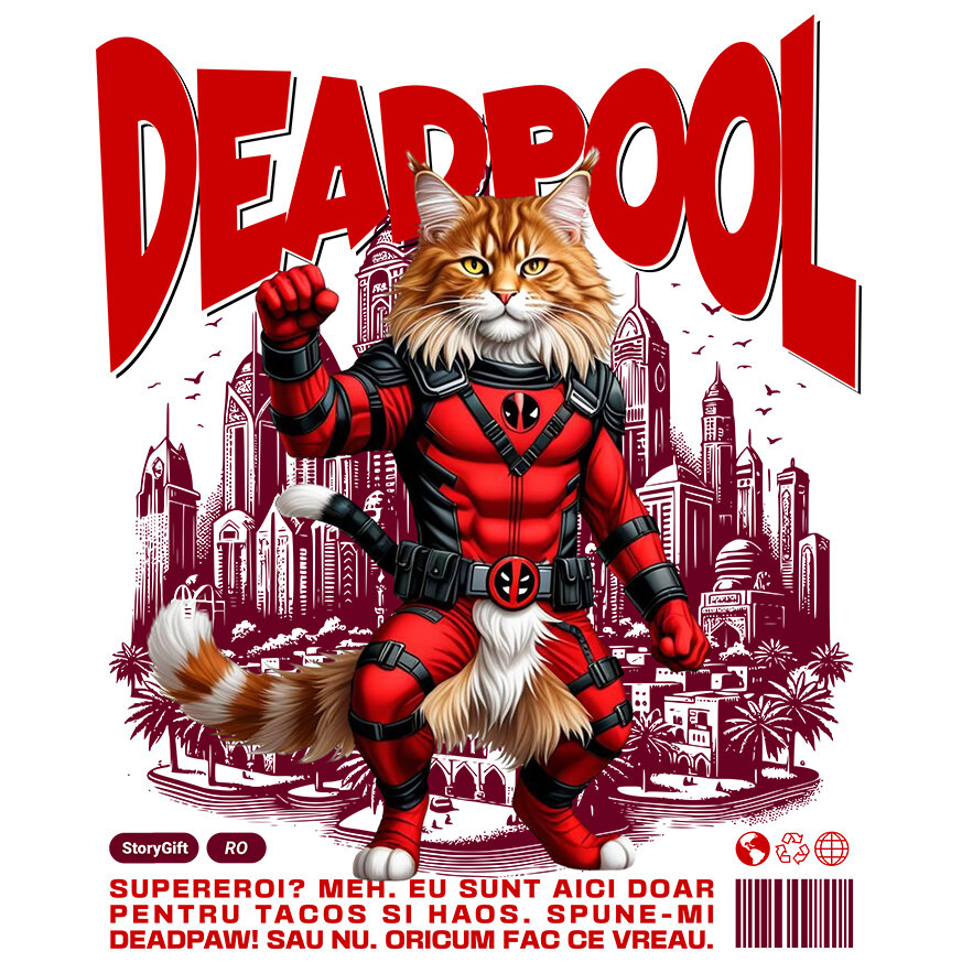 Sticker Adeziv Autocolant Personalizat Pisică Maine Coon în Costum Deadpool – Supererou Amuzant și Personalizat [1]