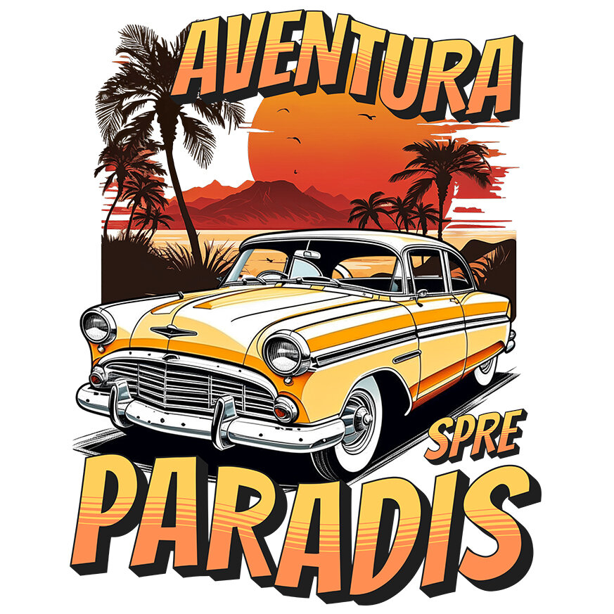 Sticker Adeziv Autocolant Personalizat Mașină Vintage Galbenă – Aventură Tropicală Spre Paradis [1]