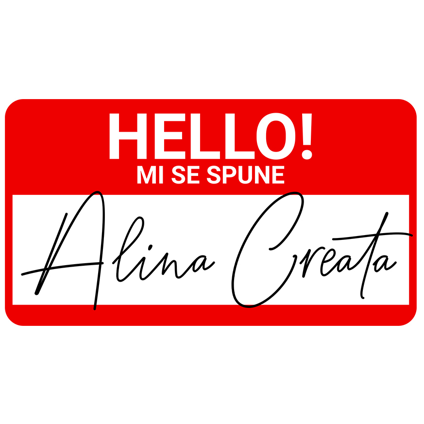 Sticker Adeziv Autocolant Personalizat Mesaj Haios Roșu "Hello Mi Se Spune Alina" - Insignă Personalizată pentru Angajați, Familie și Prieteni [1]