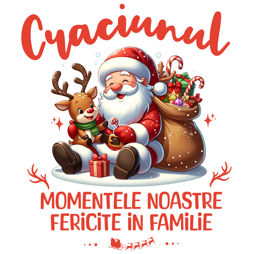 Sticker Adeziv Autocolant Personalizat Moș Crăciun Animat cu Ren și Sac de Cadouri - Momente Fericite în Familie [1]