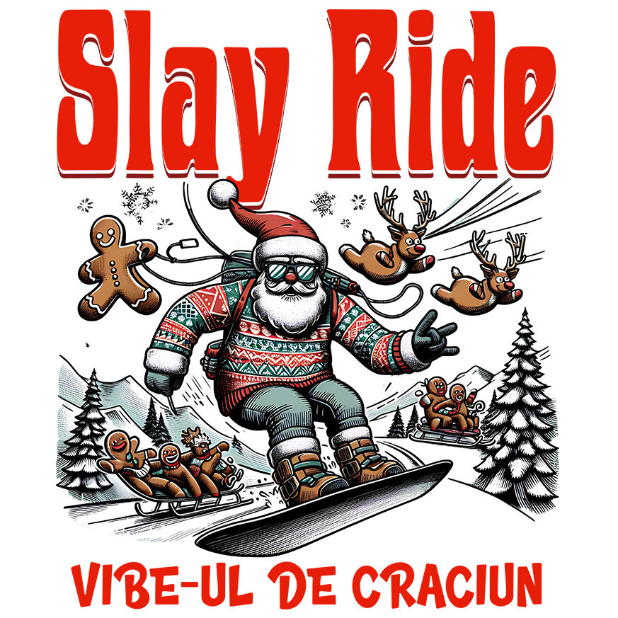 Sticker Adeziv Autocolant Personalizat Moș Crăciun cu Pulover Haios pe Placǎ Snowboard – Slay Ride și Vibe-ul De Crăciun [1]