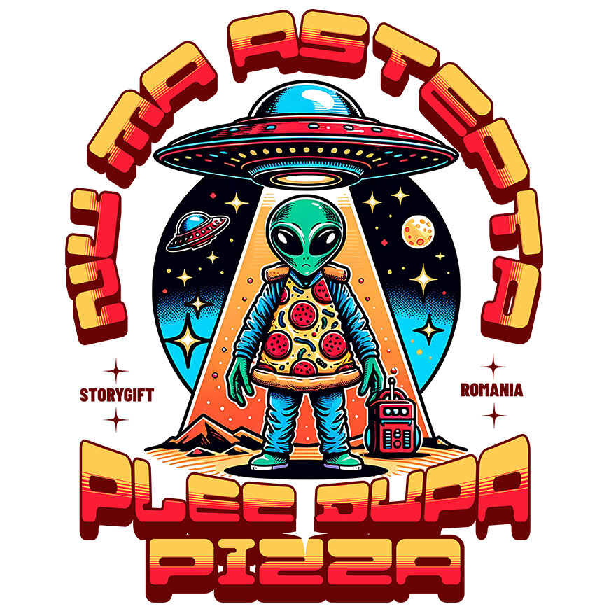 Sticker Adeziv Autocolant Personalizat Nava spațială cu pizza personalizată și mesaj haios – Cadou original pentru iubitorii de pizza [1]