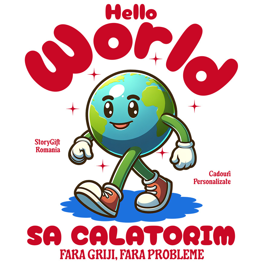 Sticker Adeziv Autocolant Personalizat "Produse personalizate pentru călătorii – Pământ animat cu adidași roșii și text Hello World" [1]