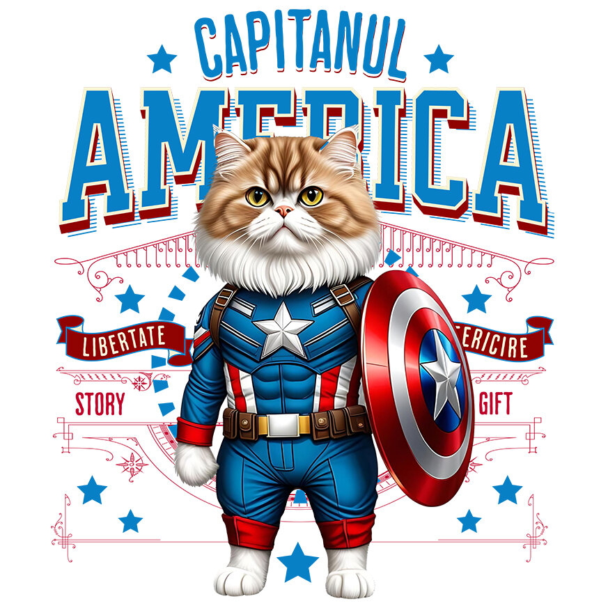 Sticker Adeziv Autocolant Personalizat Pisica Persan în Costum de Captain America cu Pelerină - Cadou Personalizat pentru Copii și Iubitorii de Pisici [1]