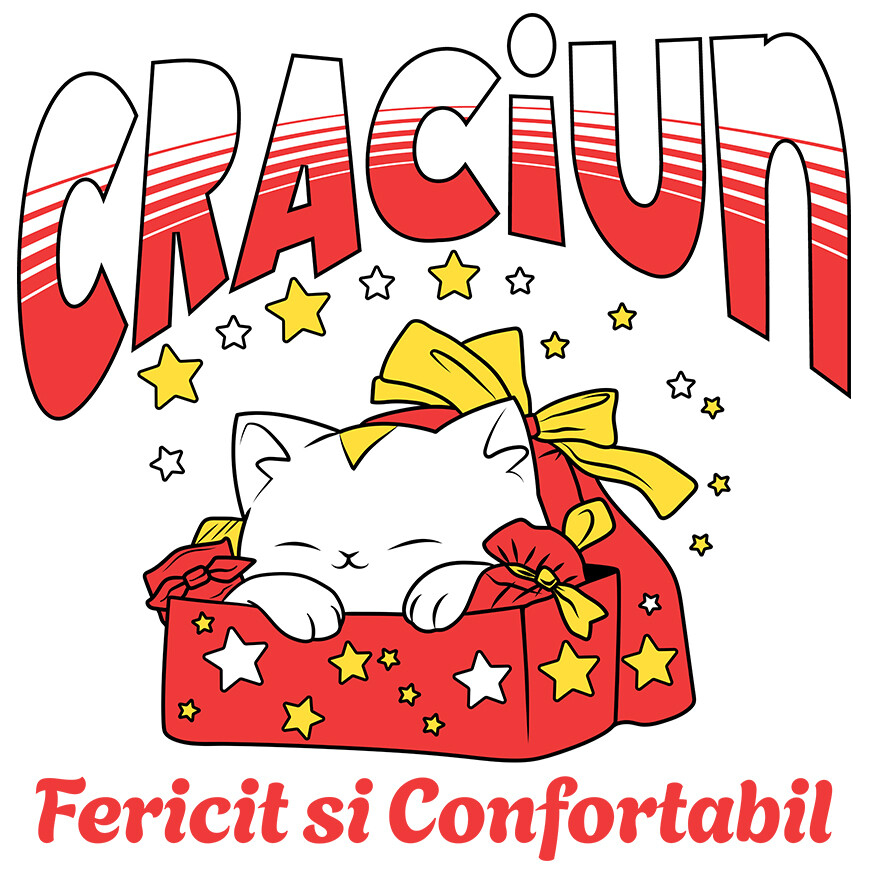Sticker Adeziv Autocolant Personalizat Pisica Albă în Cutie de Cadou Roșie – Crăciun Fericit și Confortabil [1]