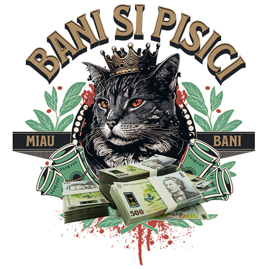 Sticker Adeziv Autocolant Personalizat Pisică Regină cu Teancuri de Bancnote 500 RON – Cadou Personalizat pentru Familie, Copii, Tati, Prieteni [1]