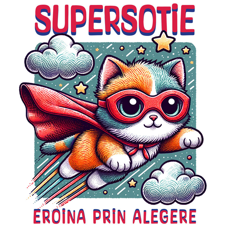 Sticker Adeziv Autocolant Personalizat Pisica Cu Masca Si Pelerina Rosie În Zbor – Cadou Personalizat „Super Sotie Eroina Prin Alegeri” [1]