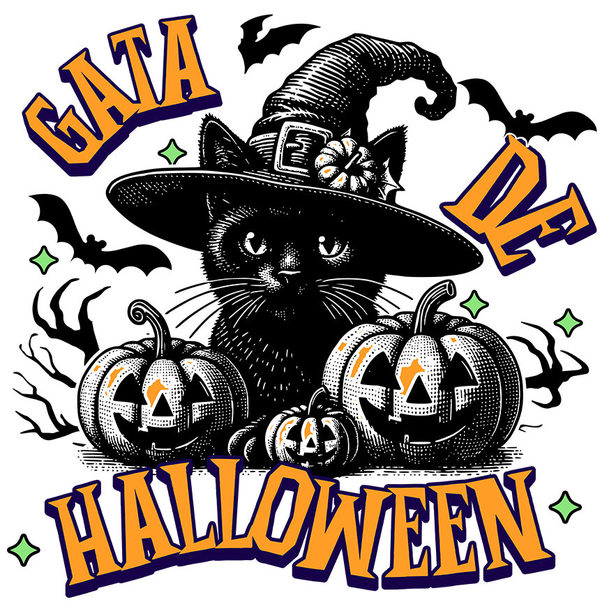 Sticker Adeziv Autocolant Personalizat Pisica cu Pălărie de Halloween și Dovleci de Horror | Costum Pisică Tematic Halloween [1]