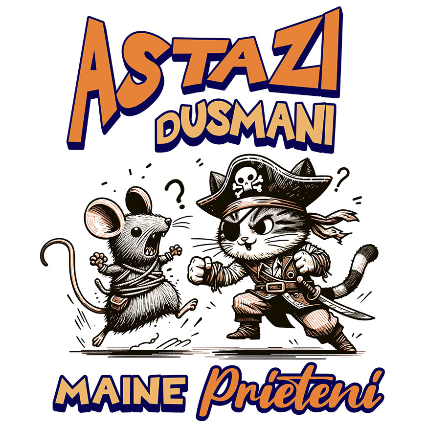 Sticker Adeziv Autocolant Personalizat Cadouri personalizate pentru copii – Pisica pirat și soarecele în luptă cu mesaj amuzant [1]