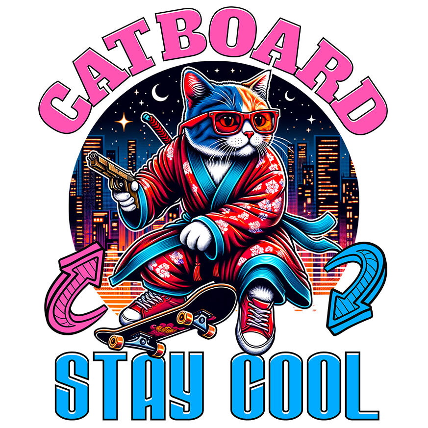 Sticker Adeziv Autocolant Personalizat Pisica Cu Skateboard – Ținută Asiană Urbană – Stay Cool – Cadou Personalizat Pentru Familie și Iubitorii De Pisici [1]