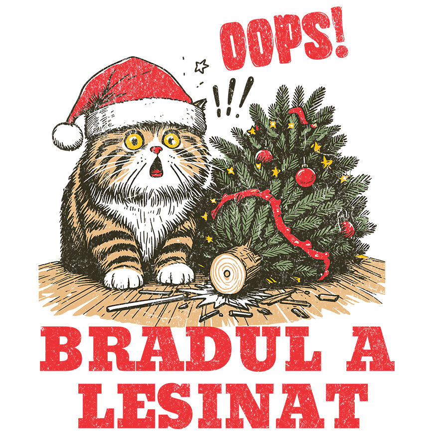 Sticker Adeziv Autocolant Personalizat Tricou Personalizat Crăciun – Pisică Amuzantă și Brad Răsturnat [1]