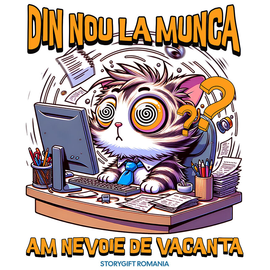 Sticker Adeziv Autocolant Personalizat Pisica Haioasă La Birou „Din Nou La Muncă, Am Nevoie De O Vacanță” – Cadou Amuzant Pentru Iubitorii De Pisici [1]