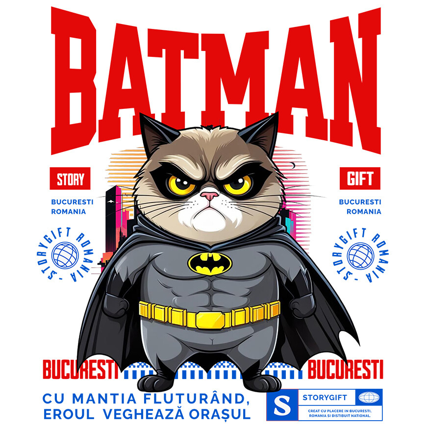 Sticker Adeziv Autocolant Personalizat Pisica Morocănoasă în Costum de Batman – Un Supererou Amuzant pentru Iubitorii de Animale [1]
