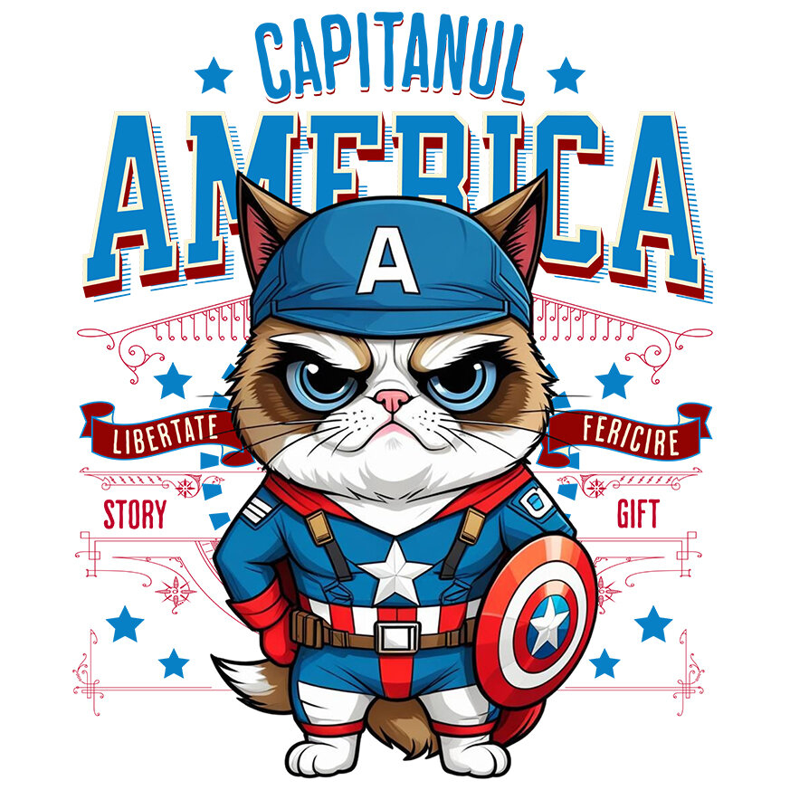 Sticker Adeziv Autocolant Personalizat Pisica Morocănoasă / Grumpy Cat în Costum de Captain America cu Pelerină - Cadou Personalizat pentru Copii și Iubitorii de Pisici [1]
