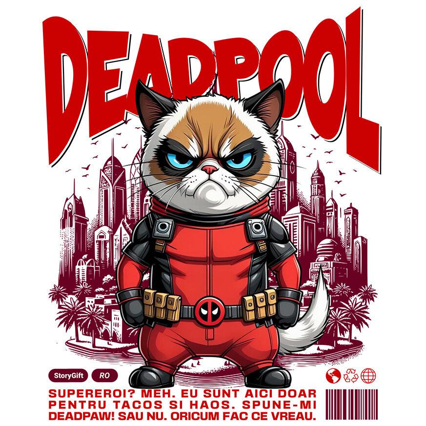 Sticker Adeziv Autocolant Personalizat Pisica Morocănoasă în Costum Deadpool – Supererou Amuzant pentru Iubitorii de Pisici [1]