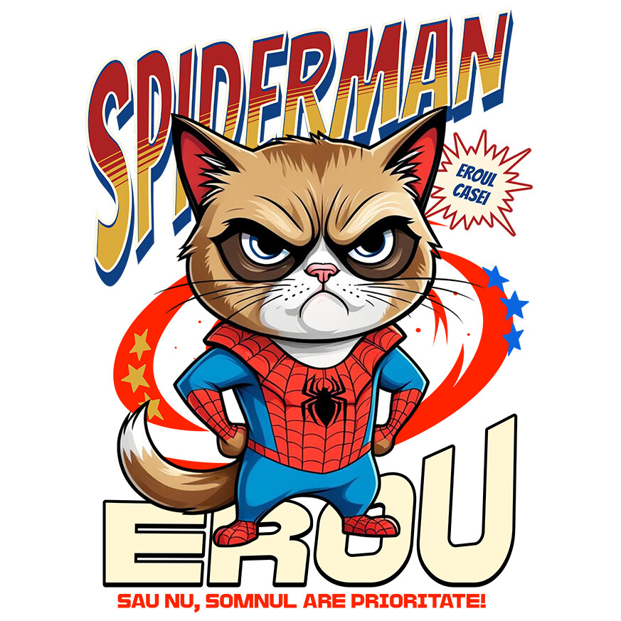 Sticker Adeziv Autocolant Personalizat Grumpy Cat în Costum Spider-Man cu Pelerină - Cadou Personalizat pentru Iubitorii de Pisici și Copii [1]