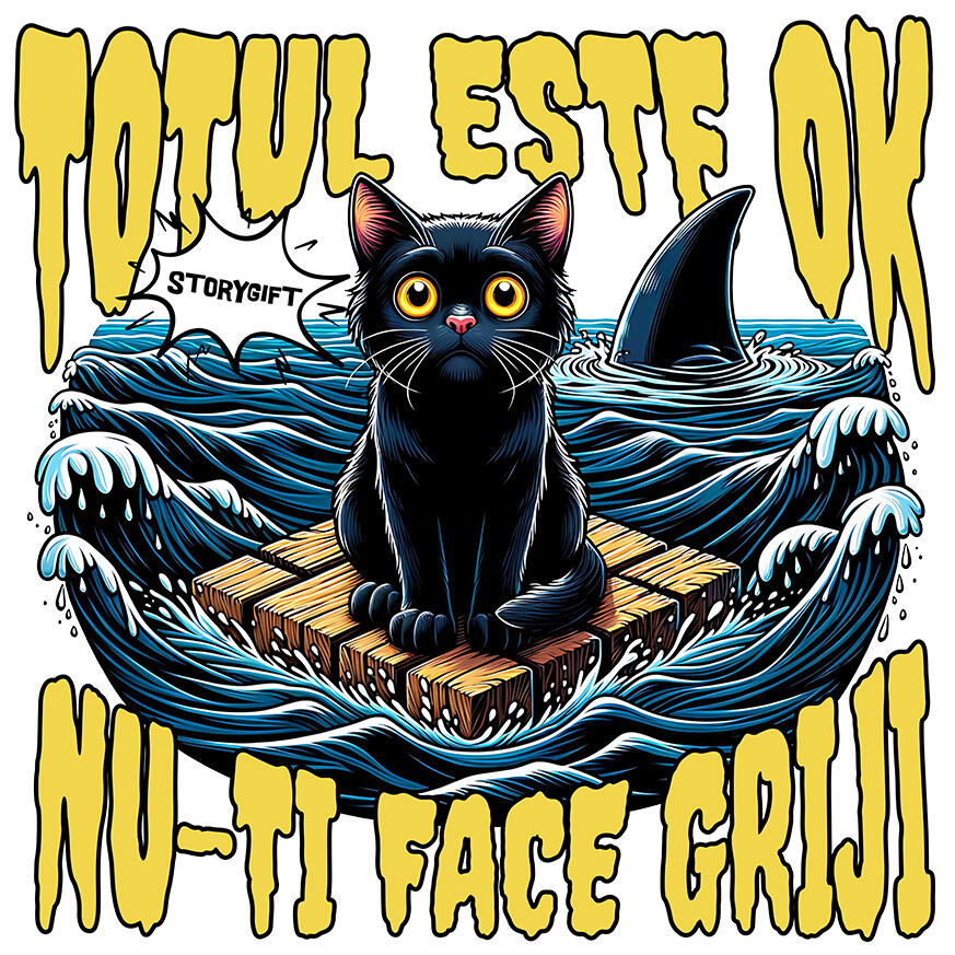 Sticker Adeziv Autocolant Personalizat Pisica Anxietate Pe Mare Cu Rechini „Totul Este Ok, Nu-ți Face Griji” – Cadou Amuzant Pentru Iubitorii De Pisici [1]