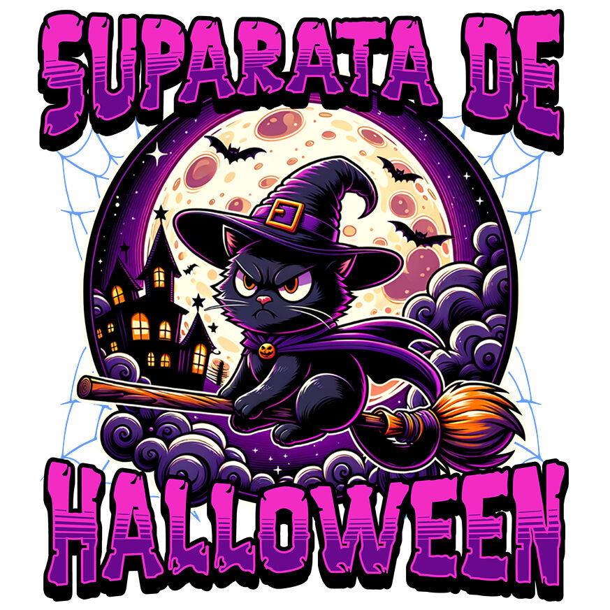 Sticker Adeziv Autocolant Personalizat Pisica pe Mătura cu Pălărie de Vrăjitoare pentru Halloween | Pisică Supărată de Halloween [1]