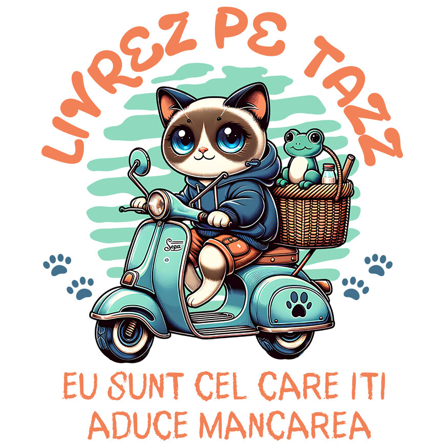 Sticker Adeziv Autocolant Personalizat "Pisica Albastră cu Cos de Picnic și Broască Țestoasă - Livrare Mâncare Tazz, Cadou Amuzant pentru Copii și Familie" [1]