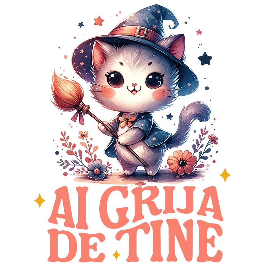 Sticker Adeziv Autocolant Personalizat Pisica Pufoasă cu Mătura de Vrăjitoare | Cadou Halloween Adorabil [1]