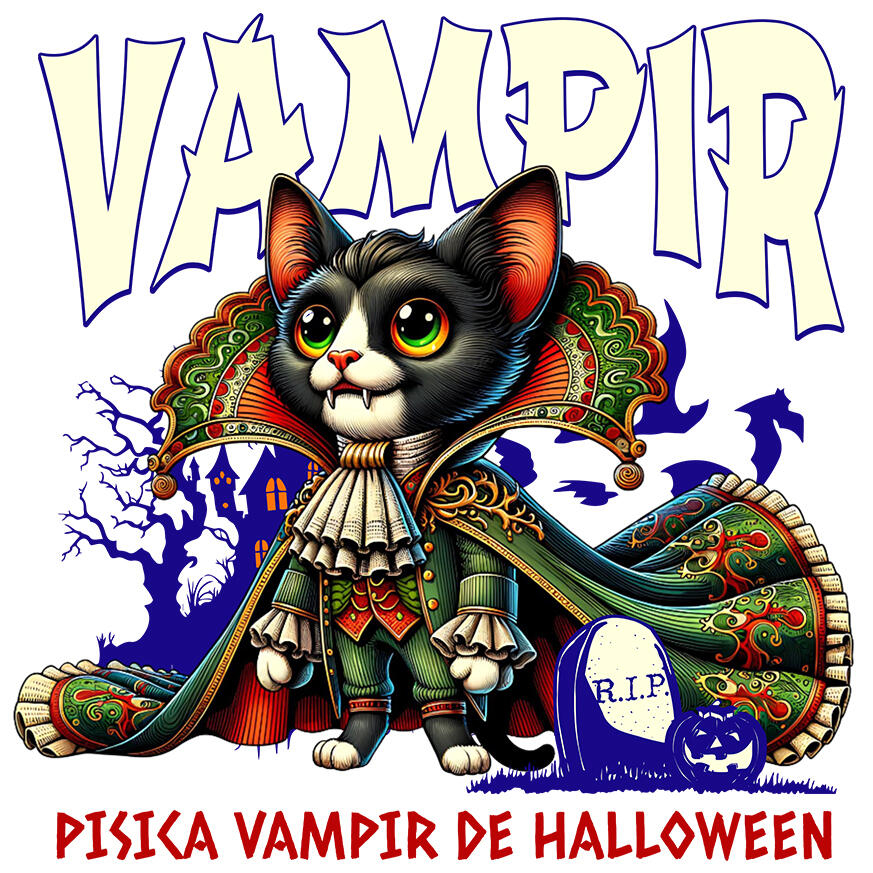 Sticker Adeziv Autocolant Personalizat Costum Pisica Regina Vampir cu Colți pentru Halloween | Pisica Vampir de Halloween [1]