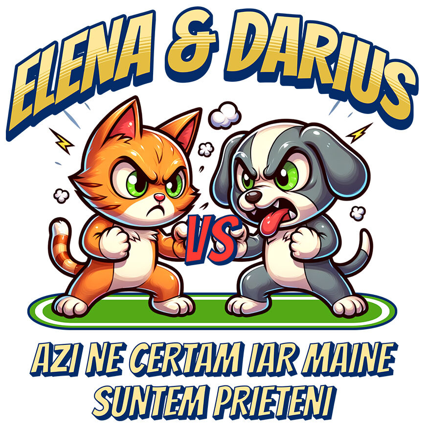 Sticker Adeziv Autocolant Personalizat "Pisica și Câine Luptă Box - Cadou Haios pentru Elena & Darius, Certuri și Prietenie" [1]