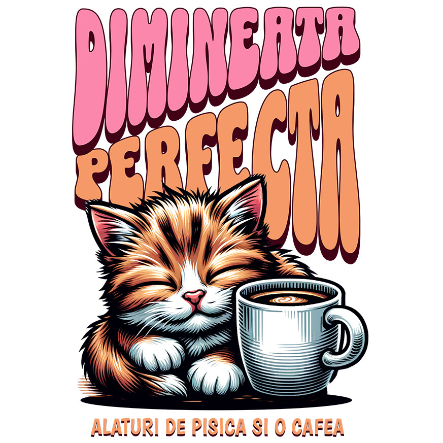 Sticker Adeziv Autocolant Personalizat „Pisică Somnoroasă cu Cană de Cafea – Dimineața Perfectă pentru Iubitorii de Pisici” [1]