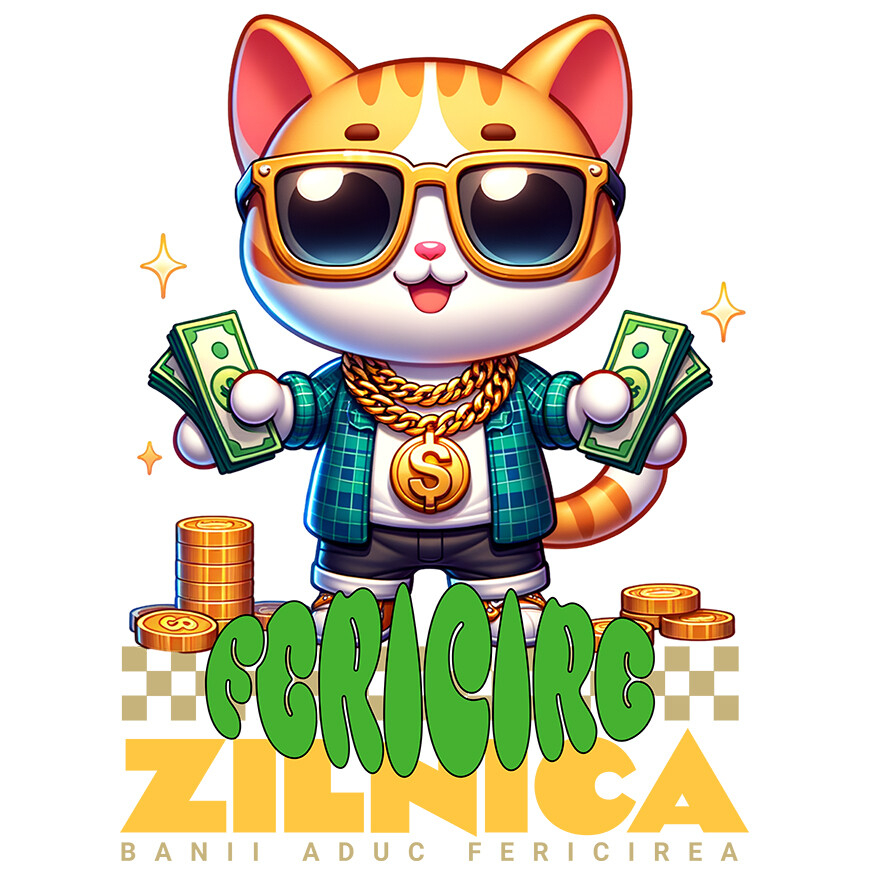 Sticker Adeziv Autocolant Personalizat Pisica Gangster cu Bancnote și Aur – „Banii Aduc Fericirea Zilnică” – Cadou Personalizat pentru Familie, Tati, Copii, Prieteni [1]