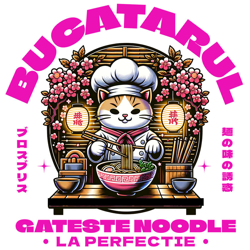 Sticker Adeziv Autocolant Personalizat Pisică bucătar personalizată cu pălărie și flori roz – „Bucătarul gătește noodles la perfecție” – Cadou amuzant [1]