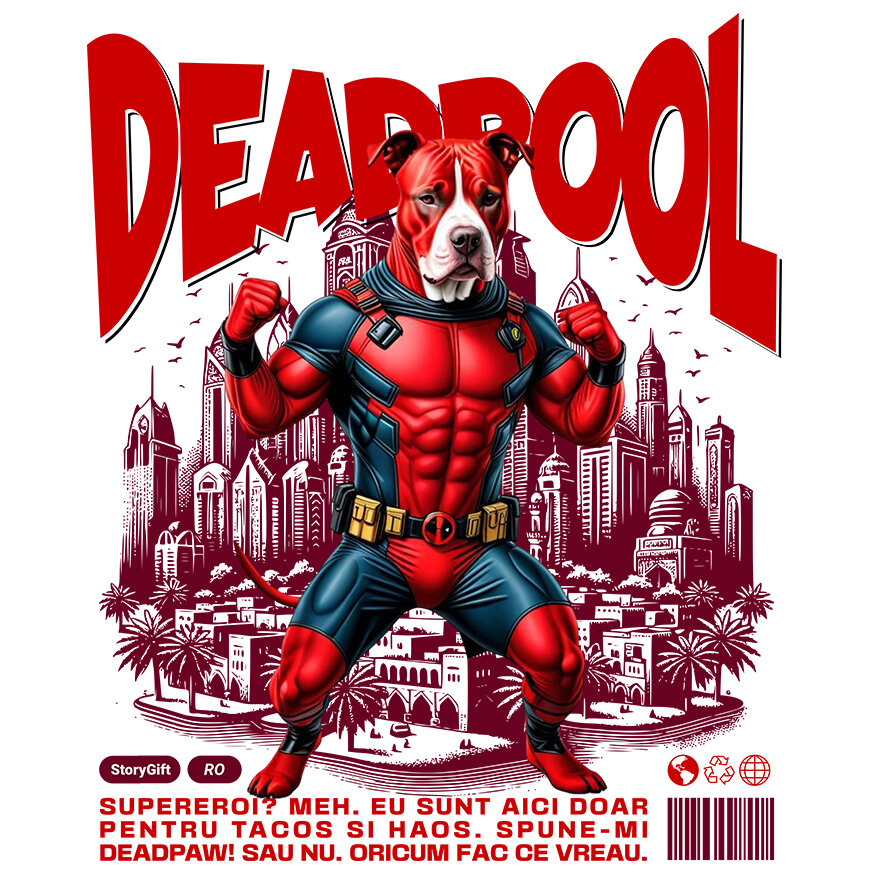 Sticker Adeziv Autocolant Personalizat Pitbull În Costum de Deadpool – Câine Supererou pentru Familie și Copii [1]