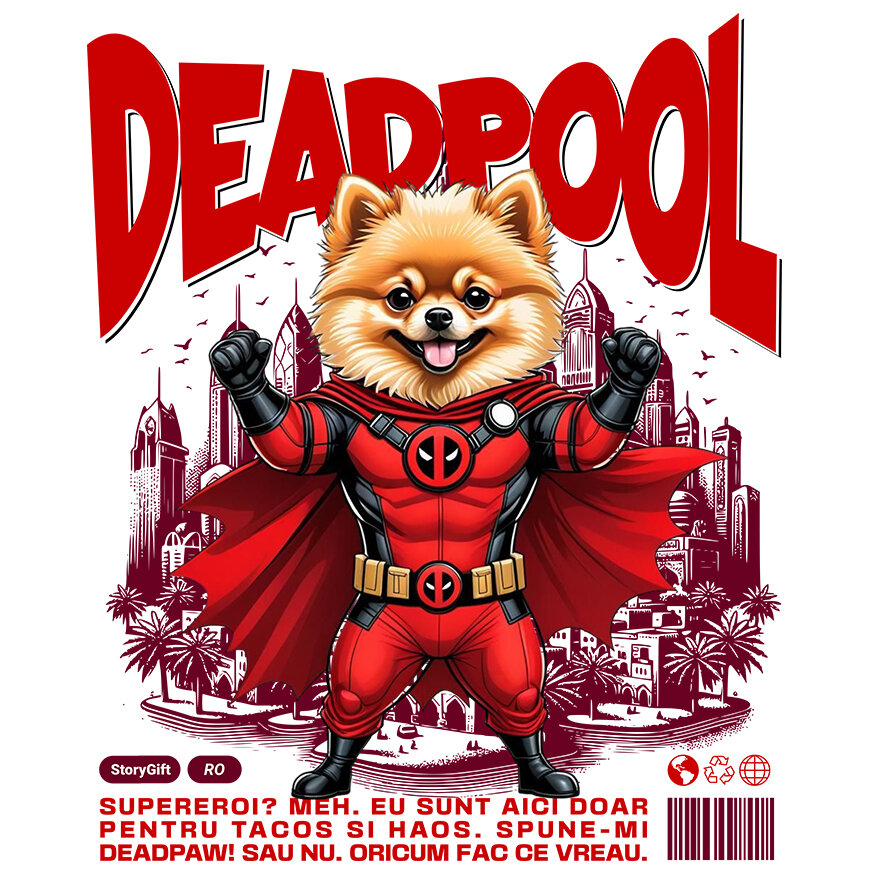 Sticker Adeziv Autocolant Personalizat Pomeranian în Costum Deadpool – Câine Supererou Amuzant și Personalizat [1]