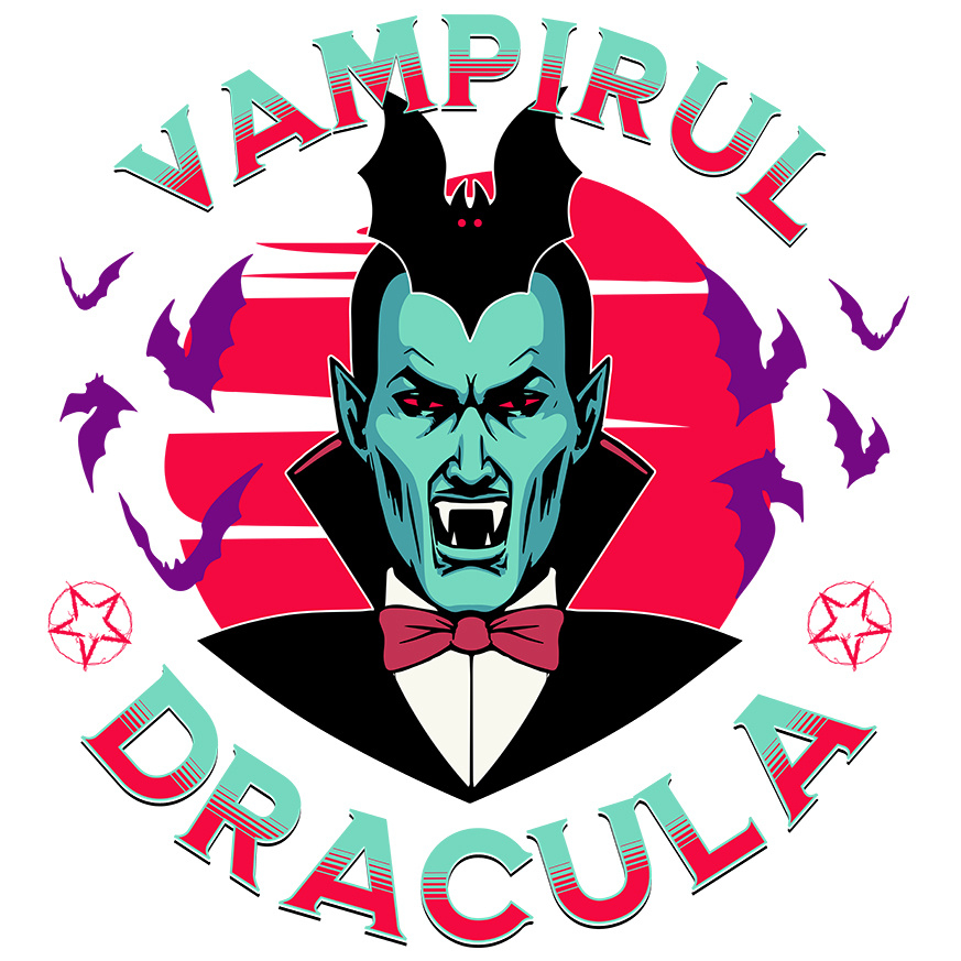 Sticker Adeziv Autocolant Personalizat „Portret Dracula și Vlad Țepeș Personalizat cu Lilieci – Cadouri Tematice Halloween pentru Familie și Copii” [1]