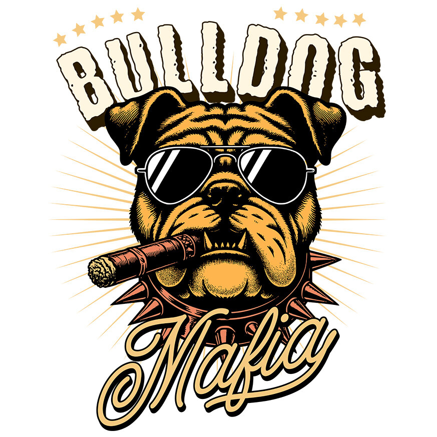 Sticker Adeziv Autocolant Personalizat „Portret Câine Bulldog Stil Mafiot cu Trabuc și Ochelari de Soare – Cadou Personalizat pentru Iubitorii de Câini” [1]