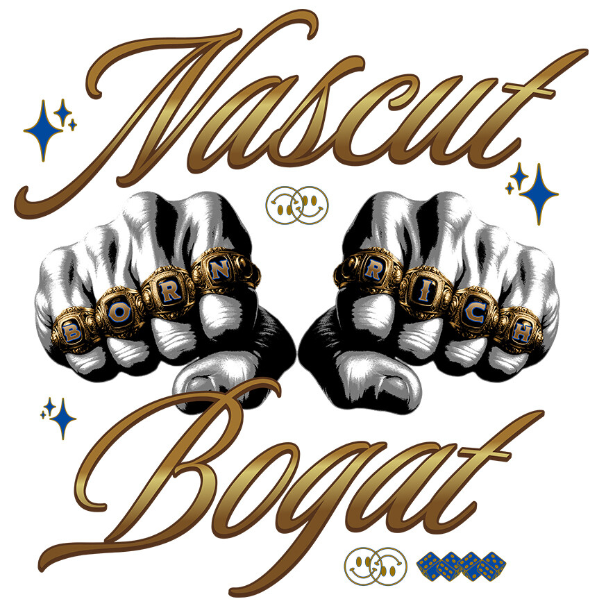 Sticker Adeziv Autocolant Personalizat Pumnale din Aur cu Mesaj „Născut Bogat” – Cadou Puternic și Simbolic pentru Tati, Prieteni, Succes Financiar [1]