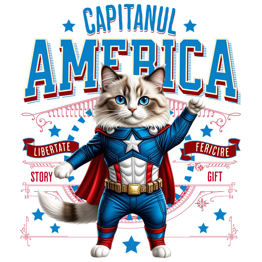 Sticker Adeziv Autocolant Personalizat Pisica Ragdoll în Costum de Captain America cu Pelerină - Cadou Personalizat pentru Copii și Iubitorii de Pisici [1]