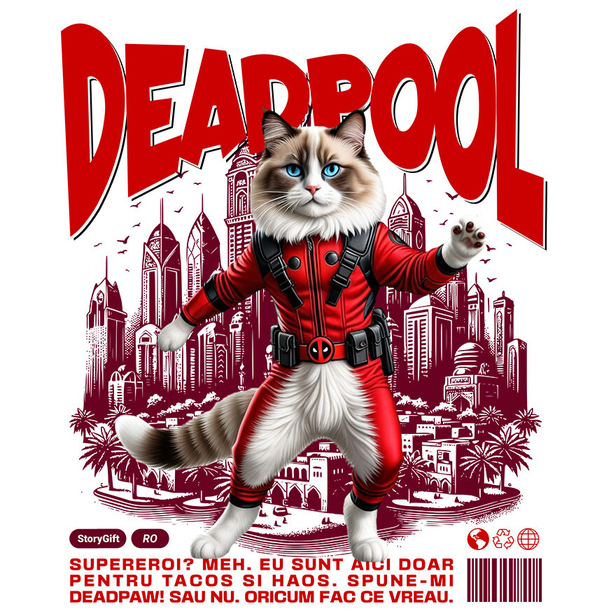 Sticker Adeziv Autocolant Personalizat Pisică Ragdoll în Costum Deadpool – Supererou Amuzant pentru Iubitorii de Pisici [1]