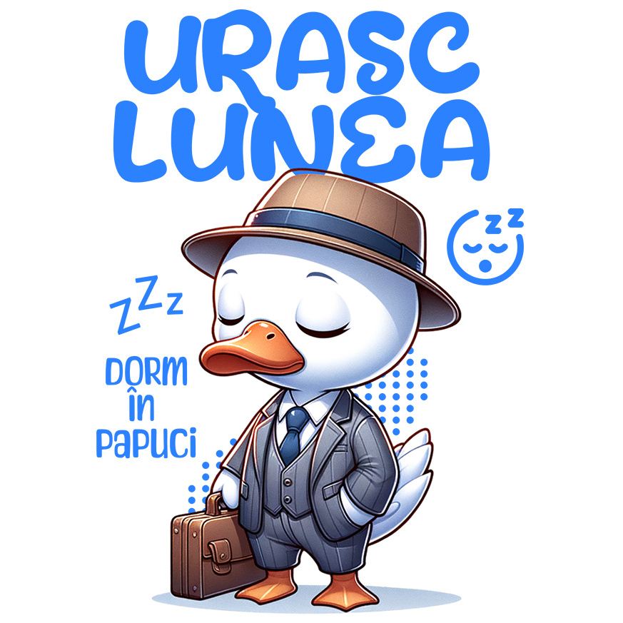 Sticker Adeziv Autocolant Personalizat Rata Albă Elegantă cu Costum și Servietă „Urăsc Lunea, Dorm în Papuci” - Cadou Haios [1]