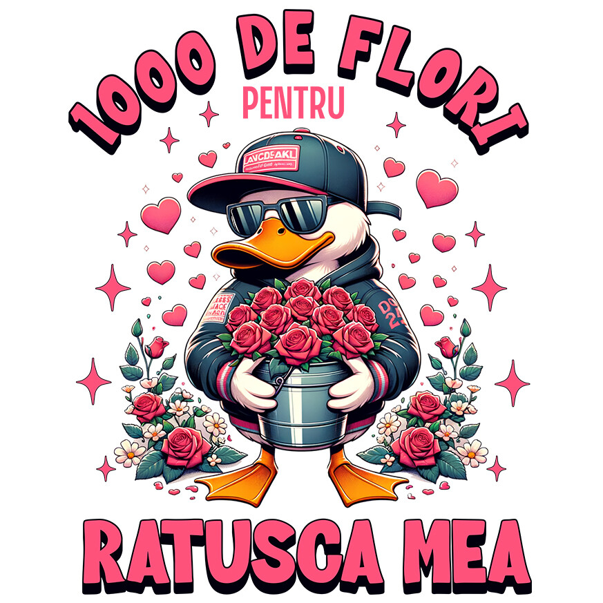 Sticker Adeziv Autocolant Personalizat „Rață Albă Cu Buchet de Trandafiri - Cadou Haios „1000 De Flori Pentru Rață mea” pentru Familie, Copii și Prieteni” [1]
