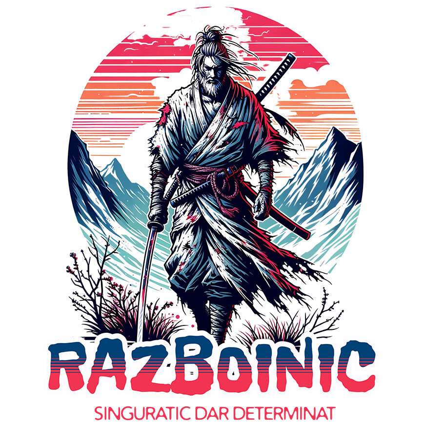 Sticker Adeziv Autocolant Personalizat Cadouri personalizate – Războinic stil asiatic pe vârful muntelui cu sabie și apus de soare [1]