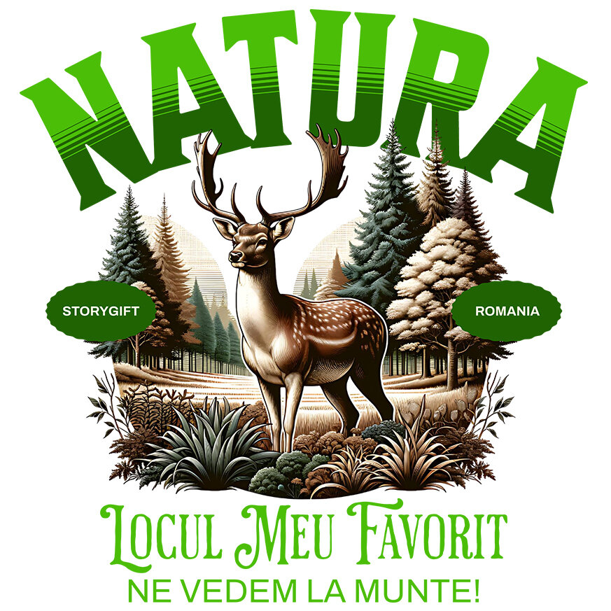 Sticker Adeziv Autocolant Personalizat "Ren cu Coarne Lungi în Pădure – Locul Meu Preferat la Munte" [1]