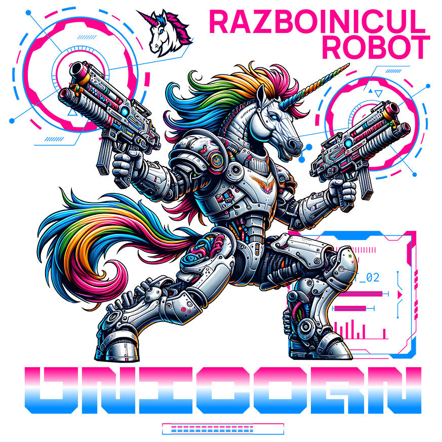 Sticker Adeziv Autocolant Personalizat Robot Unicorn cu Arme și Coamă Multicolor - Razboinicul Unicorn [1]