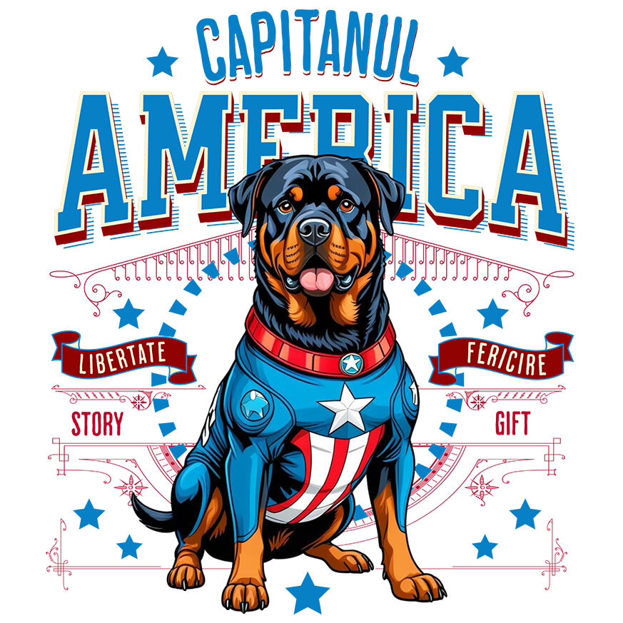 Sticker Adeziv Autocolant Personalizat Rottweiler în Costum Captain America cu Pelerină - Cadou Personalizat pentru Copii și Iubitorii de Câini [1]