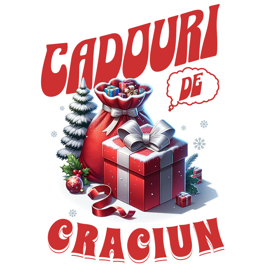 Sticker Adeziv Autocolant Personalizat Sac de Cadouri și Cutie Roșie cu Zăpadă și Globuri Colorate – Cadouri Personalizate de Crăciun [1]