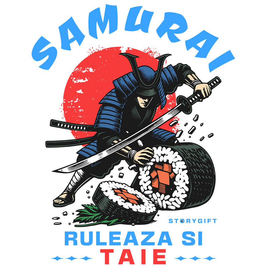Sticker Adeziv Autocolant Personalizat Samurai Ninja cu Sabie Ascuțită și Sushi - Cadouri Personalizate pentru Iubitorii de Mâncare Chinezească și Umor [1]