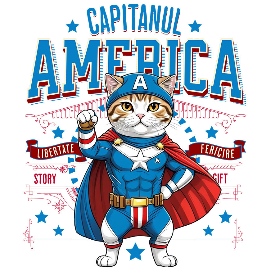 Sticker Adeziv Autocolant Personalizat Pisica Scottish Fold în Costum de Captain America cu Pelerină - Cadou Personalizat pentru Copii și Iubitorii de Pisici [1]