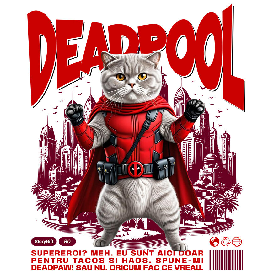 Sticker Adeziv Autocolant Personalizat Scottish Fold în Costum Deadpool – Pisică Supererou Amuzantă pentru Iubitorii de Animale [1]